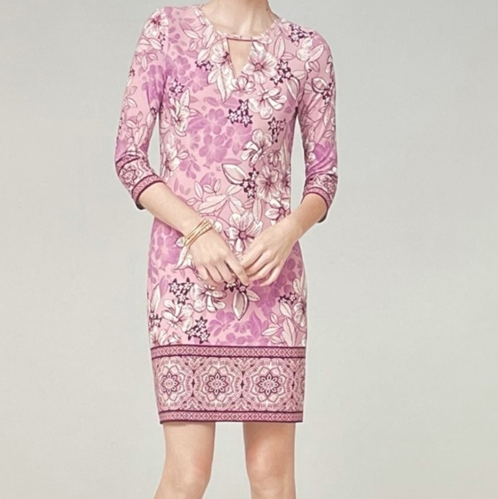 White House Black‎ Market 3/4 Sleeve Floral Purple Knit Shift Dress Size S